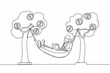 Continuous one line drawing happy rich businesswoman typing with laptop in hammock tied on money tree with dollar coins. Make profit or dividend from investment. Single line draw design vector graphic