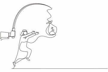 Single one line drawing hand with fishing pole and money bag control greedy Arabian businessman under hypnosis. Man running after dangling money bag, trying to catch it. Continuous line design vector