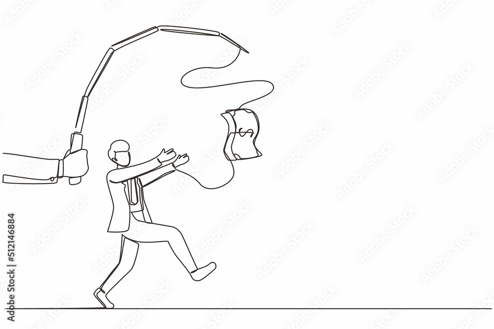 Poster single continuous line drawing hand with fishing pole and dollar cash control greedy businessman und