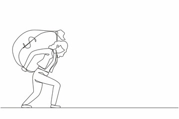 Single continuous line drawing businesswoman carrying big and heavy money bag on his back. Financial problems, taxation burden or business debt, deadline concept. One line draw graphic design vector