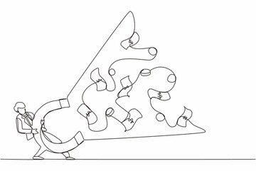 Continuous one line drawing businessman using big magnet to attract money. Making money, successful business idea, financial success, gain, and profit. Single line design vector graphic illustration