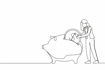 Single continuous line drawing businesswoman putting dollar coin into piggy bank. Money savings, personal investment, finance, funding, bank deposit, capital accumulation. One line draw design vector