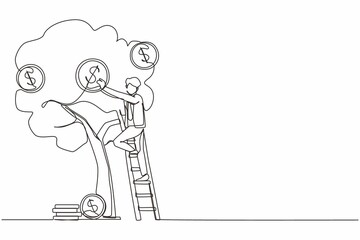 Single continuous line drawing businessman picking dollars from money tree. Money plant. Business growth, financial success concept. Investment and banking income. One line draw graphic design vector