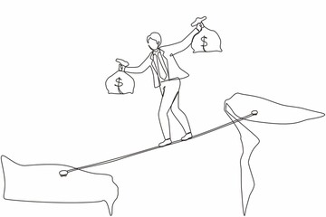 Fototapeta na wymiar Single continuous line drawing businessman walk over cliff gap mountain carry two money bag risking dangerous. Young male walking balance on rope bridge. One line graphic design vector illustration