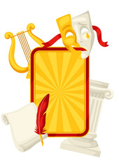 Background with traditional theatre symbols. Illustration for theatrical performance.