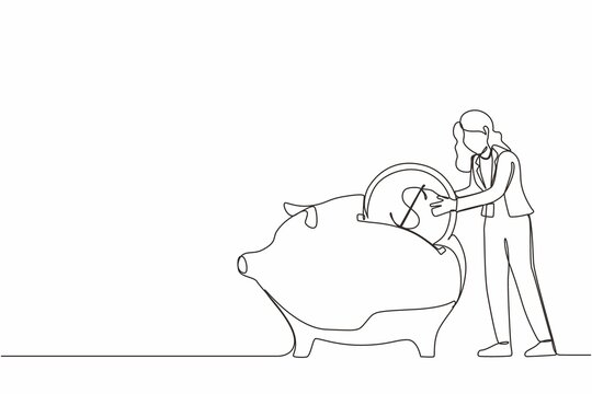 Single continuous line drawing businesswoman putting dollar coin into piggy bank. Money savings, personal investment, finance, funding, bank deposit, capital accumulation. One line draw design vector