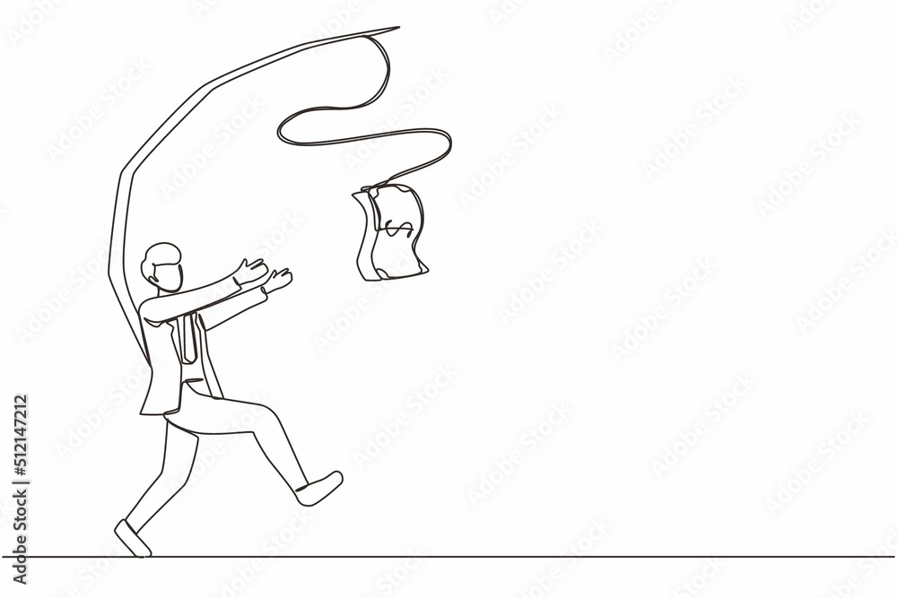 Aufkleber single one line drawing greedy businessman or manager is running after money. greedy man in business