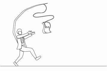 Single one line drawing greedy businessman or manager is running after money. Greedy man in business suit with attached rod and dollar. Modern continuous line draw design graphic vector illustration
