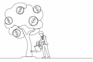 Single one line drawing business investment with money tree illustration. Man watering tree with coins dollar symbols. Business development, profit growth. Continuous line draw design graphic vector