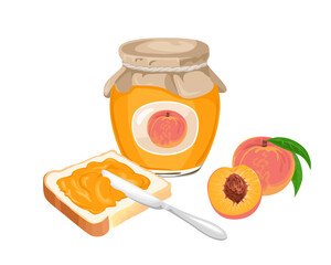 Cartoon peach jam set. Spread on piece of toast bread, knife, glass jar with jelly and fresh fruit isolated on white background. Vector sweet food illustration.