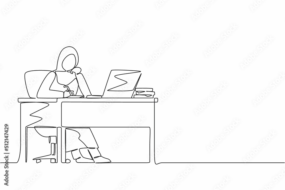 Poster continuous one line drawing arabian businesswoman writing sitting in front of laptop at table. femal