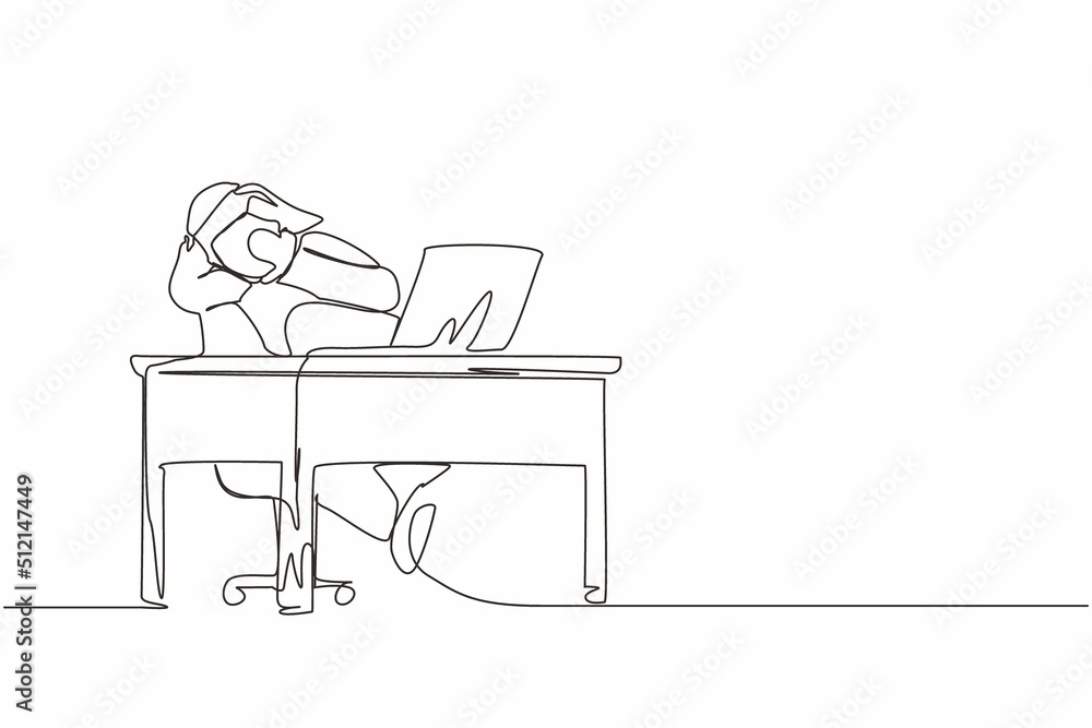 Poster continuous one line drawing scared arab man manager looking at laptop computer screen. shocked male 