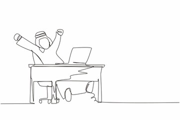 Single one line drawing happy Arab businessman sitting in chair at desk using laptop celebrating win with hands raised. Celebrating win, positive emotion concept. continuous line design graphic vector