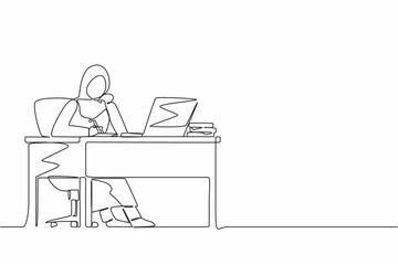 Continuous one line drawing Arabian businesswoman writing sitting in front of laptop at table. Female studying and writing in notebook, at desk in front of computer. Single line design vector graphic