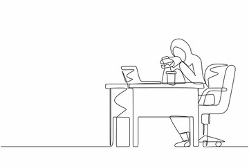 Continuous one line drawing fat obese Arab woman using laptop eating burger fast food unhealthy lifestyle concept overweight girl freelancer sitting at workplace full length. Single line design vector