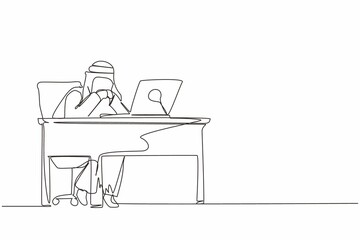 Single continuous line drawing pensive Arabic businessman working at laptop. Frustrated male in doubt with hand on chin gesture. Work at home office. Remote job, workplace. One line draw design vector