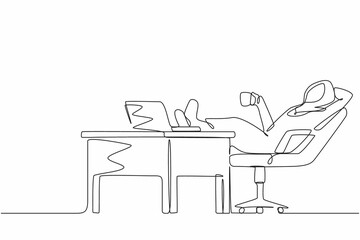 Single continuous line drawing Arab businesswoman work relaxed at desk and drink cup of coffee. Flat design of employee character working with laptop computer. One line draw design vector illustration