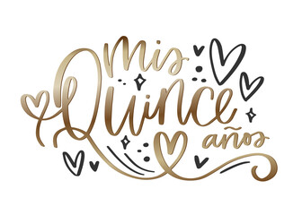 Mis Quince años,  Quinceañera card vector black, white and gold design in Spanish language. Latin countries teenage girl celebration.