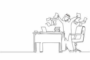 Single continuous line drawing happy Arabic businessman, company leader or office worker throwing documents in air, enjoying business success while sitting at workplace. One line graphic design vector