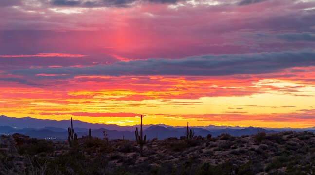 Wide Ratio Desert Sunset Landscape In Phoenix AZ Area.