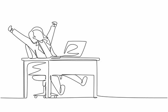 Continuous one line drawing happy businesswoman sitting in chair at desk using laptop celebrating win with hands raised. Celebrating win, positive emotions concept. Single line graphic design vector