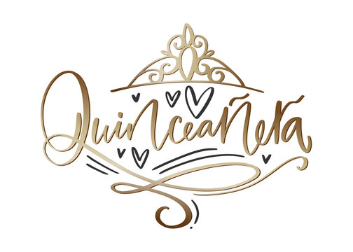 Quinceañera word in Spanish language for 15th Birthday celebration. Modern calligraphy greeting card in black, white and gold colors. Elegant design with flourishes, hearts and diadem.