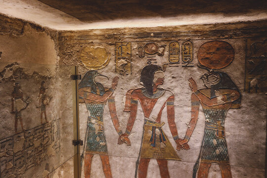 Ancient Egyptian Drawings inside the Pharaoh Tombs in the Valley of the Kings in Luxor, Egypt