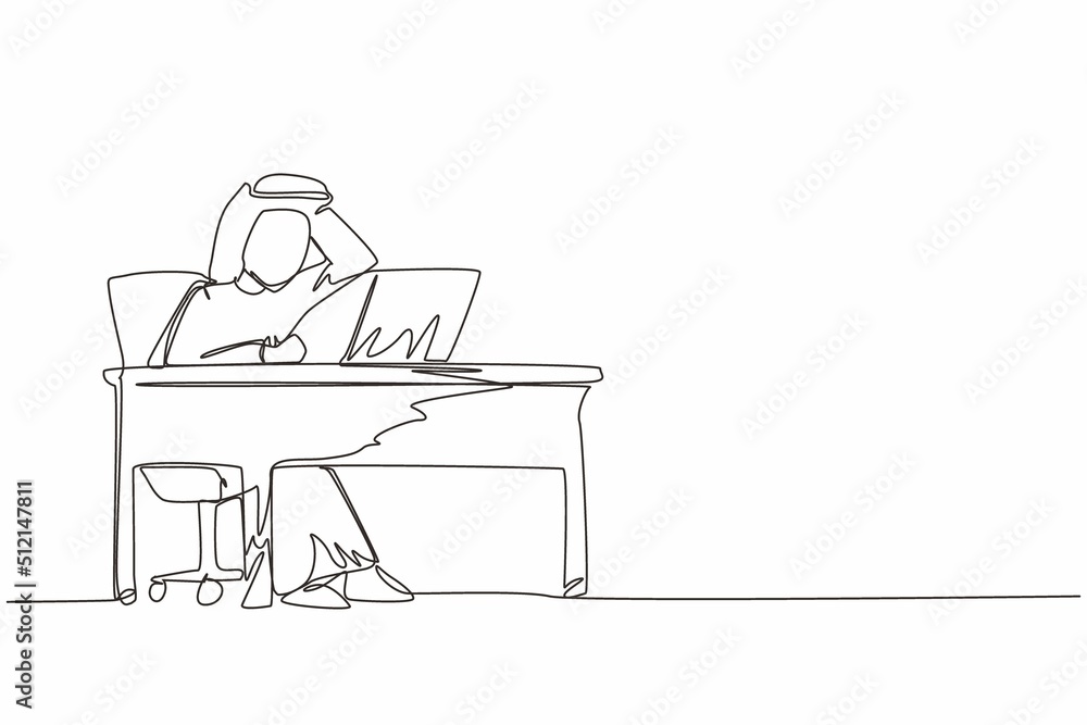 Poster continuous one line drawing male manager working on computer laptop. arab businessman with question 