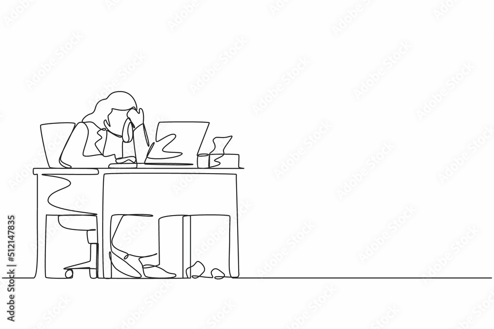 Poster single continuous line drawing female employee crying while wiping tears using tissue and staring at