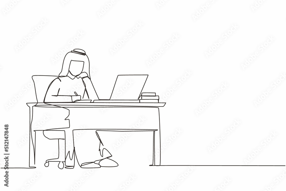 Poster single continuous line drawing arabic businessman writing sitting in front of laptop at table. young
