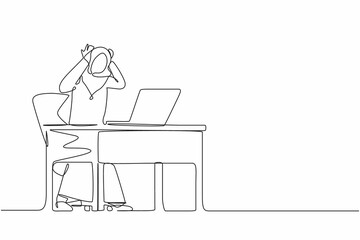 Single one line drawing scary frustrated frightened Arab businesswoman clerk manager stands at laptop, holding head. Office overload, mental stress. Continuous line design graphic vector illustration
