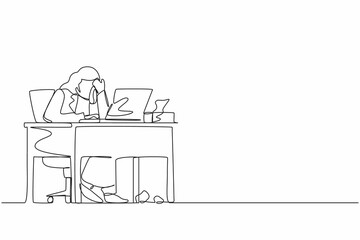 Single continuous line drawing female employee crying while wiping tears using tissue and staring at laptop. Woman working overtime in office. Dynamic one line draw graphic design vector illustration