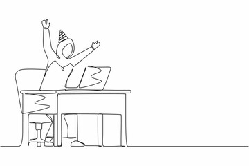 Single one line drawing success in work, winning online, technology concept. Arabic female stands in office with hand raised opposite computer screen celebrating success. Continuous line design vector