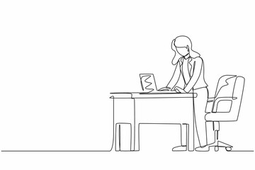 Fototapeta premium Single continuous line drawing woman employee working at ergonomic workstation. Office furniture with computer and laptop. Female standing on foot rest behind desk. One line draw graphic design vector