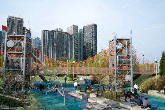 CHICAGO, ILLINOIS, UNITED STATES - 11 May 2018: Children's playground at Maggie Daley Park in downtown Chicago