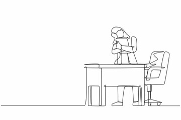 Single one line drawing business woman hugging laptop at office. Love to computer concept. Young emotional female. Human emotions, facial expression concept. Continuous line draw design graphic vector