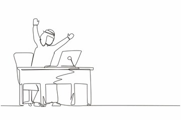 Continuous one line drawing winning online working technology concept. Arabic businessman stands in office with hand raised opposite computer screen celebrating success. Single line draw design vector