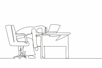 Single one line drawing professional burnout syndrome. Exhausted sick tired Arab male manager in office sad boring sitting with head down on laptop. Continuous line design graphic vector illustration
