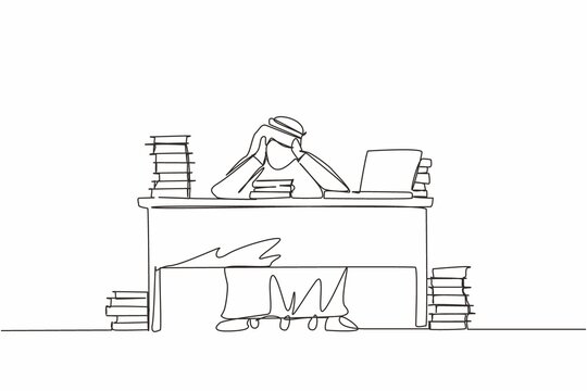 recommend clip art: Single continuous line drawing stressed Arab businessman throwing tantrum in office holding his hands to his head shouting while seated at desk surrounded by files. One line draw graphic design vector