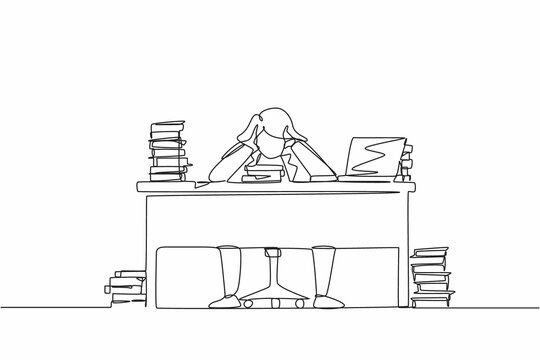 Single continuous line drawing stressed businesswoman throwing tantrum in office holding her hands to his head shouting while seated at a desk surrounded by files. One line draw graphic design vector