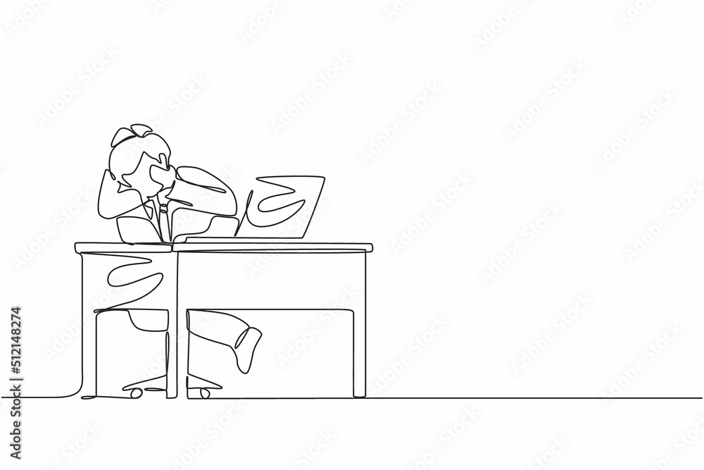 Poster single continuous line drawing scared man manager looking at laptop computer screen. shocked male wa