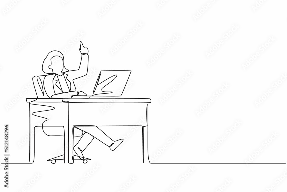 Aufkleber continuous one line drawing businesswoman getting bright new idea while working with laptop on desk.