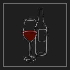 One line illustration of wine. Black and red single-line art. Glass and a bottle of wine