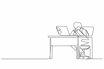 Single one line drawing pensive businessman working at laptop. Frustrated male in doubt with hand on chin gesture. Work at home office. Remote job, workplace. Continuous line design graphic vector