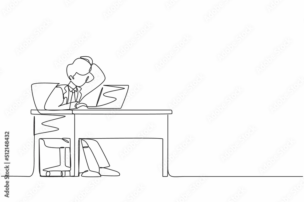 Poster continuous one line drawing male manager working on computer laptop. businessman with question mark 
