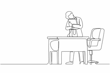 Single continuous line drawing businessman hugging laptop at office. Love to computer concept. Young emotional male. Human emotions, facial expression. One line draw graphic design vector illustration