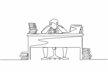 Single one line drawing stressed businessman throwing tantrum in office holding his hands to his head shouting while seated at desk surrounded by files. Continuous line draw design graphic vector