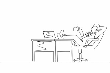 Single one line drawing young businessman work relaxed at desk and drink cup of coffee. Flat design of employee character working with laptop computer. Continuous line draw graphic vector illustration