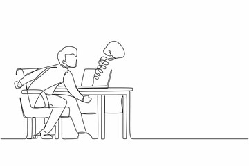 Single continuous line drawing sad man using social media and being punched by boxing gloves from computer laptop. Cyber bullying, online harassment using social media. One line graphic design vector