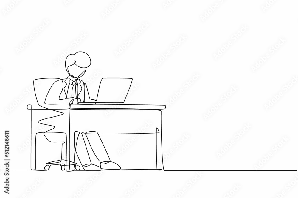 Poster single one line drawing male works in office. businessman working, typing and sending messages. work